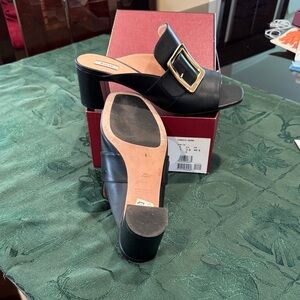 Bally Black Leather Mules with Gold Buckle